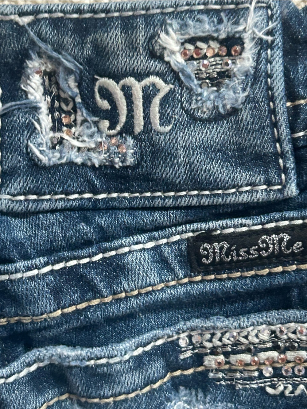 Miss Me Signature Straight Distressed Embellished Dark Blue Wash Denim Jeans - Picture 9 of 11
